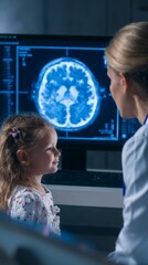 Child girl watching doctor explain brain scan results on screen, vertical photo