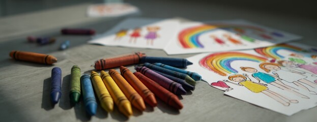 Crayons scattered on table next to colorful drawings of rainbows  