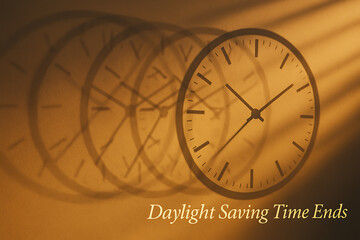 Shadows of moving clock hands showing time shift for daylight saving time ends concept with warm sunlight and seasonal adjustment theme