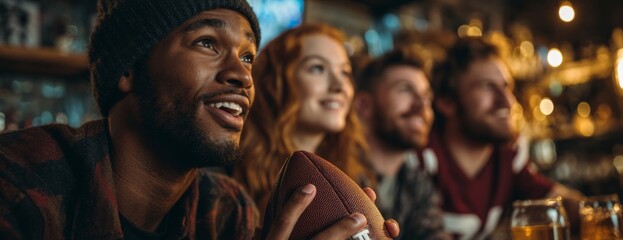 Group of friends watching American football on TV in bar setting  