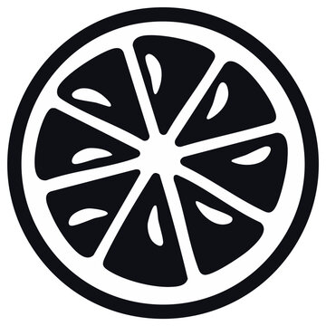 Minimalist black and white vector icon of a fresh citrus fruit slice with internal segments, simple graphic design