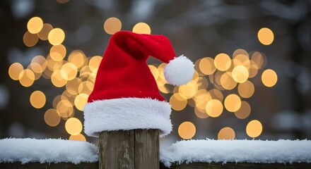Santa Hat on Snowy Post with Bokeh Lights in Background.