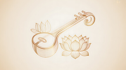 Stylized illustration of a stringed musical instrument with lotus flowers, rendered in elegant line art on a soft beige background