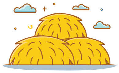 Stack of Cartoon Hay Bales with Clouds, Stars, and Swirls in Simple Illustration Style