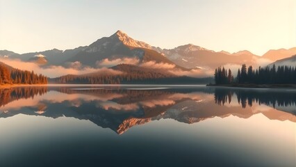 Reflections of Dawn Tranquil Lake Surrounded by Majestic Mountains and Verdant Forest Landscape
