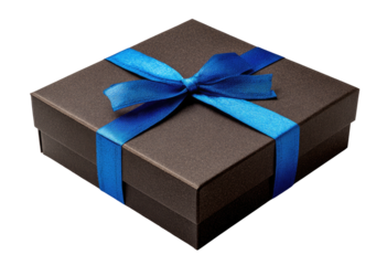 Brown box tied with bright blue ribbon against black