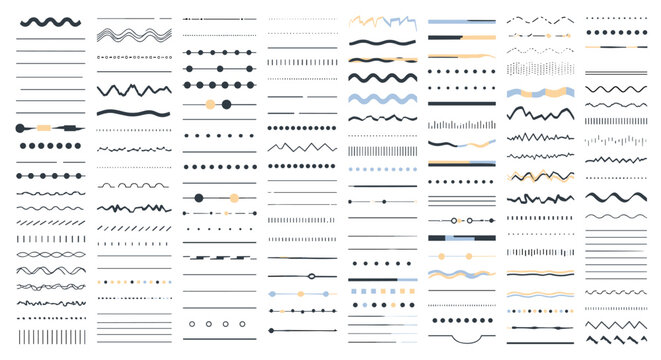 Collection of vector line dividers, borders, and graphic elements, featuring various styles from wavy to dotted and dashed.