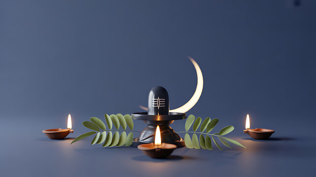 A serene arrangement featuring a crescent moon, lit candles, and green leaves on a dark background.