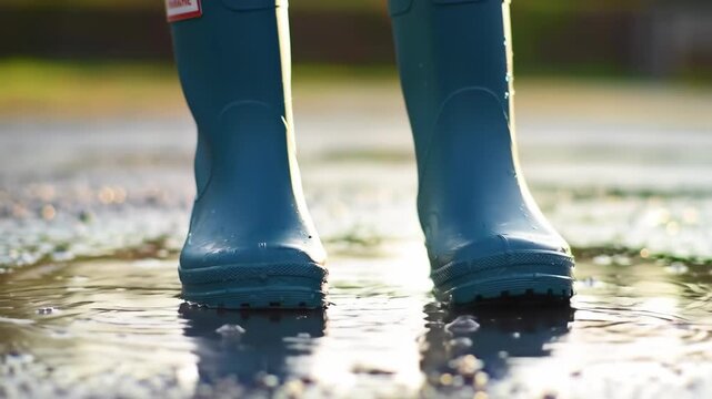 Blue rain boots in puddle, outdoor close-up, water surface, blurred background, child play