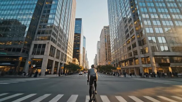 Urban cyclist riding through a modern city street at sunrise.