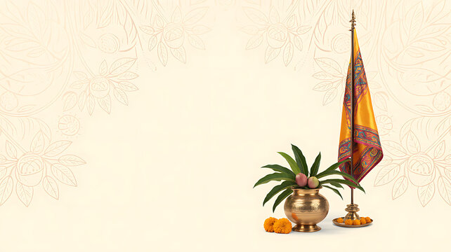 Traditional decorative setup with a brass pot, plant, marigold flowers, and a colorful ceremonial flag on a floral-patterned background