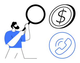 Man examining with magnifying glass near dollar sign and phone icon, symbolizing financial analysis, customer service, troubleshooting, communication, business inquiry, problem-solving, simple flat