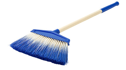 Blue broom with wooden handle isolated on transparent background