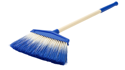 Blue broom with wooden handle isolated on transparent background