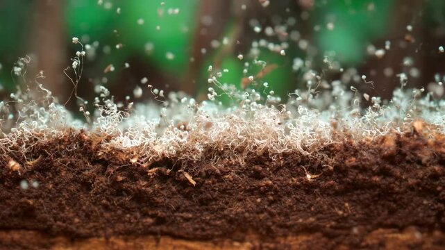 Closeup medium shot of fungal mycelium spreading through fertile soil promoting CO2 absorption and healthy ecosystems.