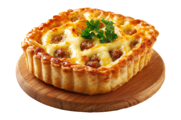 Mince and cheese pie with golden brown crust, mashed potato and melted cheese topping, isolated on white transparent background, concept of New Zealand fast food
