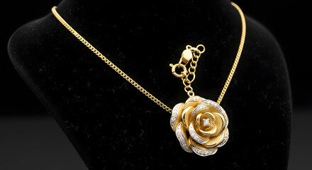 A stunning gold chain necklace featuring an intricately designed two-tone rose flower pendant with a sparkling gemstone accent