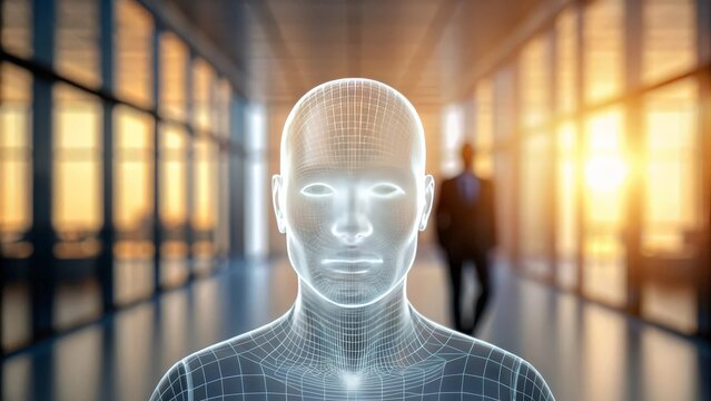 Holographic AI Head Projected Before a Blurred Person