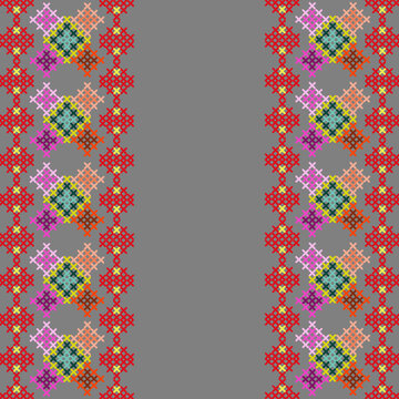 cross stitch ethnic embroidery needlework abstract artwork seamless geometric pattern printed background fabric wallpaper handdrawn line colorful template fashion element