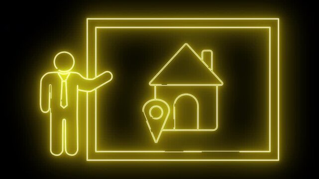 A luminous yellow design shows a stick figure near a house inside a rectangle
