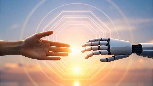 Human hand reaching to robotic hand across futuristic display