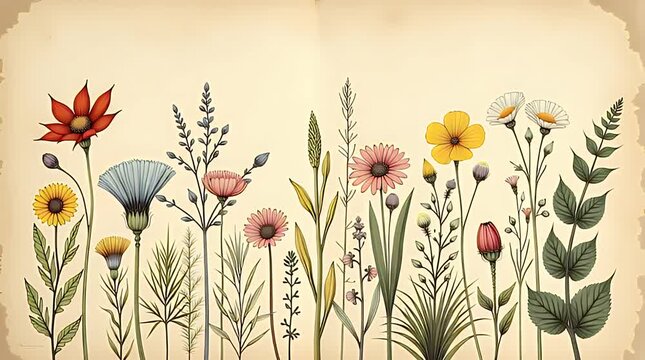 Detailed vintage botanical illustration of wildflowers and herbs, hand-drawn etching style on aged parchment background, antique naturalist artwork.