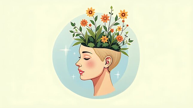 Conceptual digital illustration showing human head with growing plants inside, symbolizing learning, creativity, and personal growth, clean vector style.