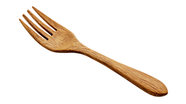 Wooden fork isolated on transparent background, a rustic and natural kitchen utensil