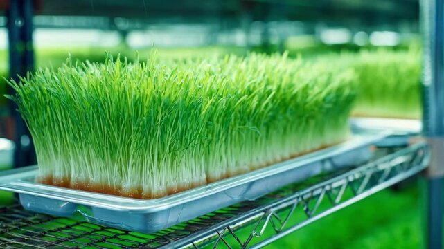 Medium shot of hydroponic wheat fodder system showcasing sprouting grain shoots in a controlled indoor farm environment.