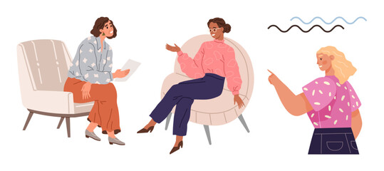 Three women in casual attire engage in discussion, using gestures to convey ideas. Ideal for teamwork, communication, leadership, group discussion, collaboration, networking, relationship building