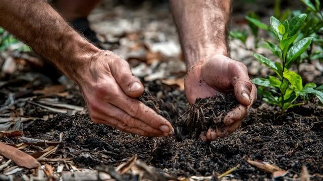 Medium shot of hands spreading homemade biochar onto garden soil to improve nutrient retention and soil quality in a natural setting