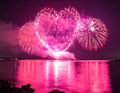 Spectacular evening display. Bright pink fireworks explode over water, forming a heart shape. Their light reflects beautifully