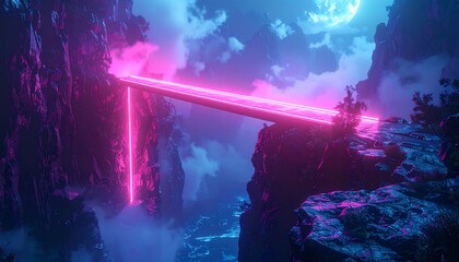 Neon-lit bridge spans chasm; rocky landscape under a blue night sky