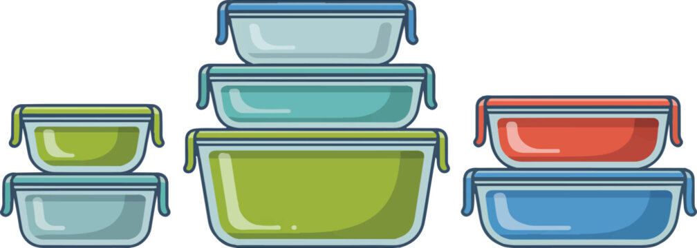 Collection of colorful food storage containers for meal prep and leftovers isolated on transparent background vector illustration