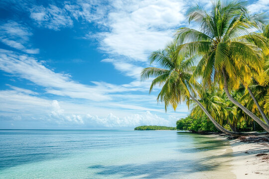 peaceful tropical bay where palm trees stretch towards the endless blue sky - Powered by Adobe