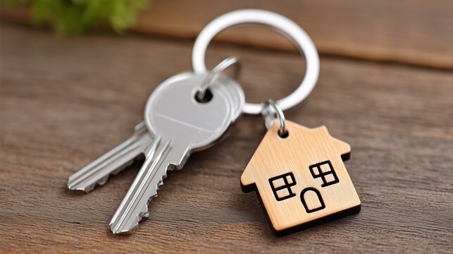 House keys featuring a small wooden home keychain symbolizing new ownership