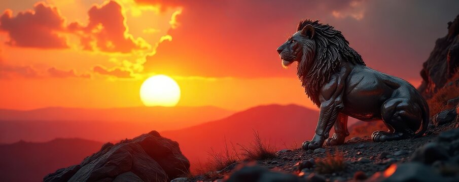 Fiery sunset illuminates majestic metallic lion, masterful artwork , wild, masterpiece, bronze