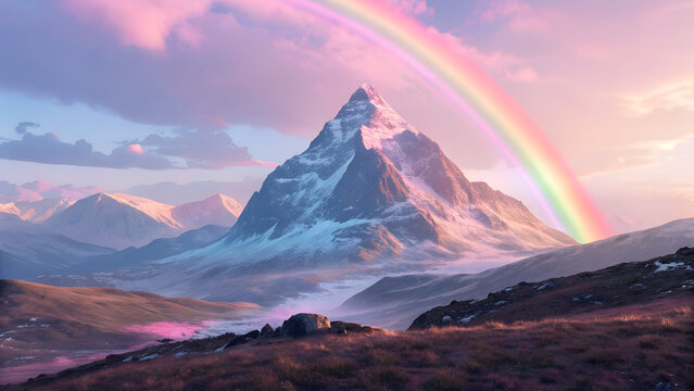 Transparent crystal mountain peak refracting sunlight rays with rainbow reflections in surreal fantasy landscape scene