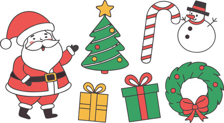Christmas clip art bundle with Santa, snowman, candy cane, Christmas tree, gifts, and wreaths, vibrant flat vector design