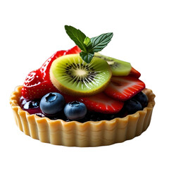 Fresh fruit tart topped with kiwi, strawberries, and blueberries.