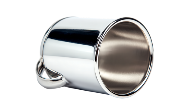 Shiny metal mug isolated on transparent background for drinking coffee or tea