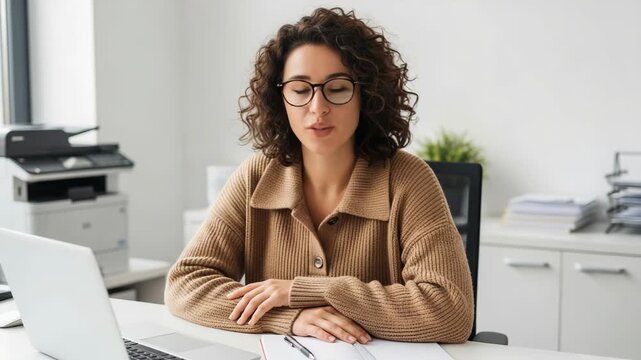 Woman with glasses sits at desk with laptop and speaks to camera