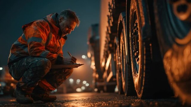 Worker Inspects Truck at Night in Urban Environment with Soft Lighting and Tire Reflection in Rainy Setting, Holding a Clipboard and Wearing Safety Gear