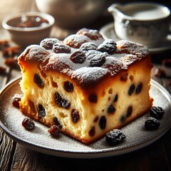 &ldquo;Bread pudding slice with raisins, powdered sugar, rustic wooden table.&rdquo;