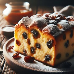 &ldquo;Bread pudding slice with raisins, powdered sugar, rustic wooden table.&rdquo;