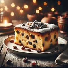 &ldquo;Bread pudding slice with raisins, powdered sugar, rustic wooden table.&rdquo;