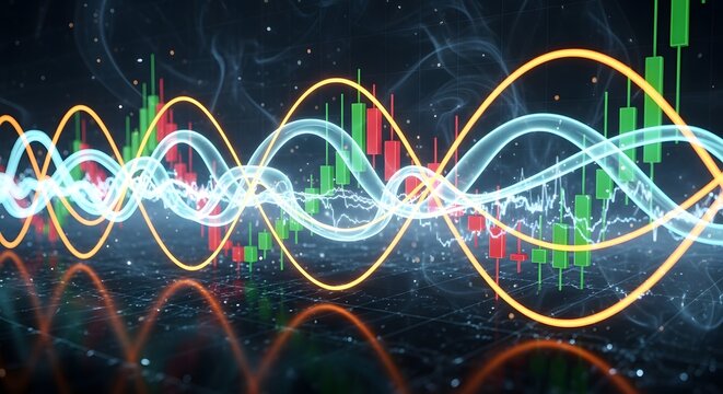Abstract Financial Data Visualization with Fluctuating Candlestick Charts and Glowing Sine Waves