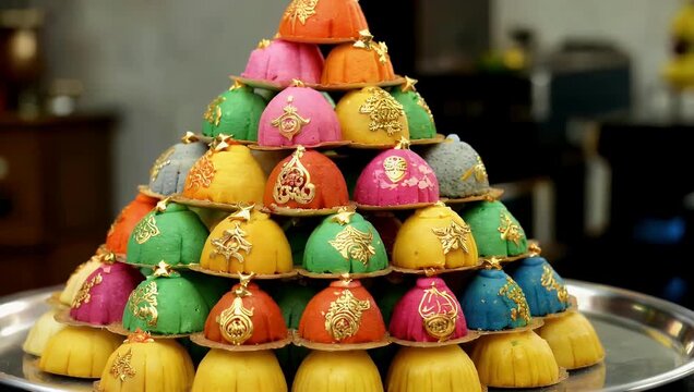 Colorful 4K slow panning video vibrant pyramid traditional Indian modak sweets prepared Ganesh Chaturthi showcasing their bright textures cultural richness festive atmosphere