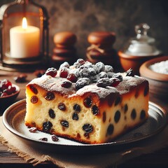 &ldquo;Bread pudding slice with raisins, powdered sugar, rustic wooden table.&rdquo;