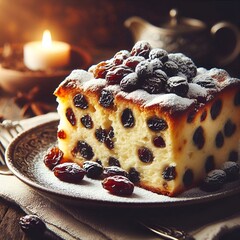 &ldquo;Bread pudding slice with raisins, powdered sugar, rustic wooden table.&rdquo;